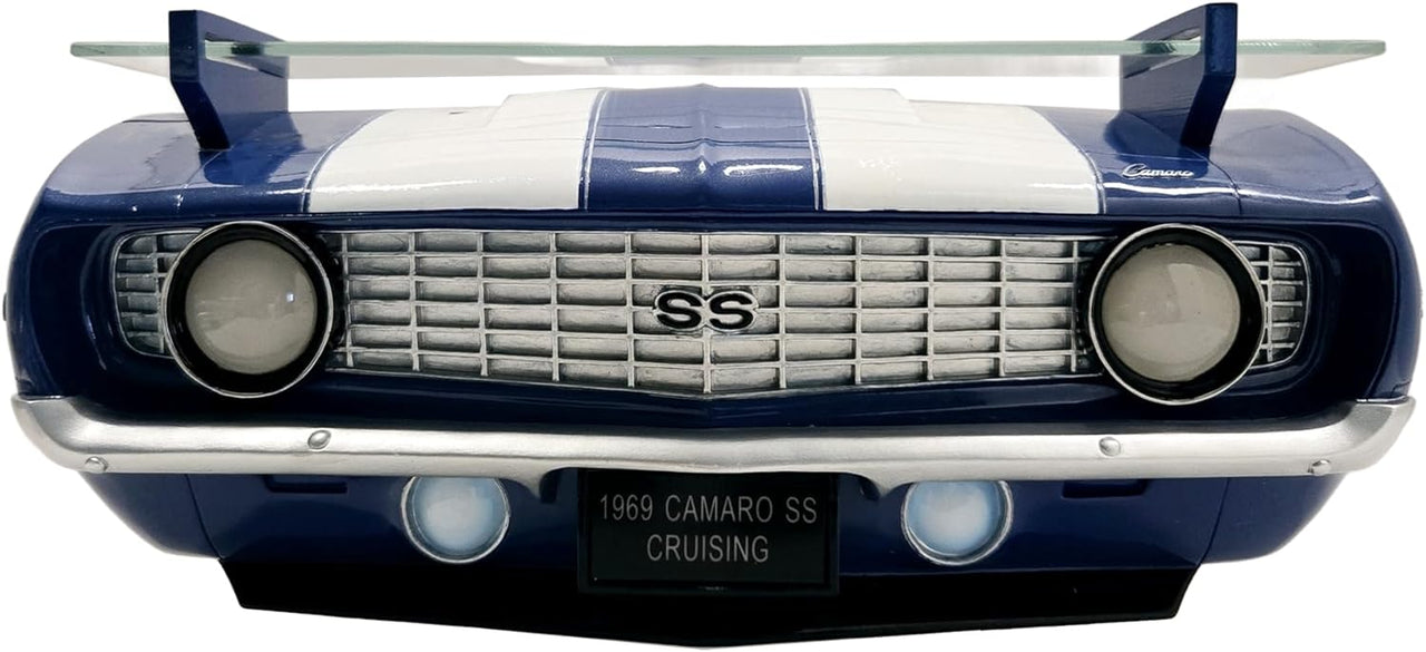 1969 Chevrolet Camaro SS Floating Wall Shelf, Lemans Blue with White Stripes, 19.5x6x8 inches, Tempered Glass, Battery Powered LED Headlights, Chevy Car Lovers Decor