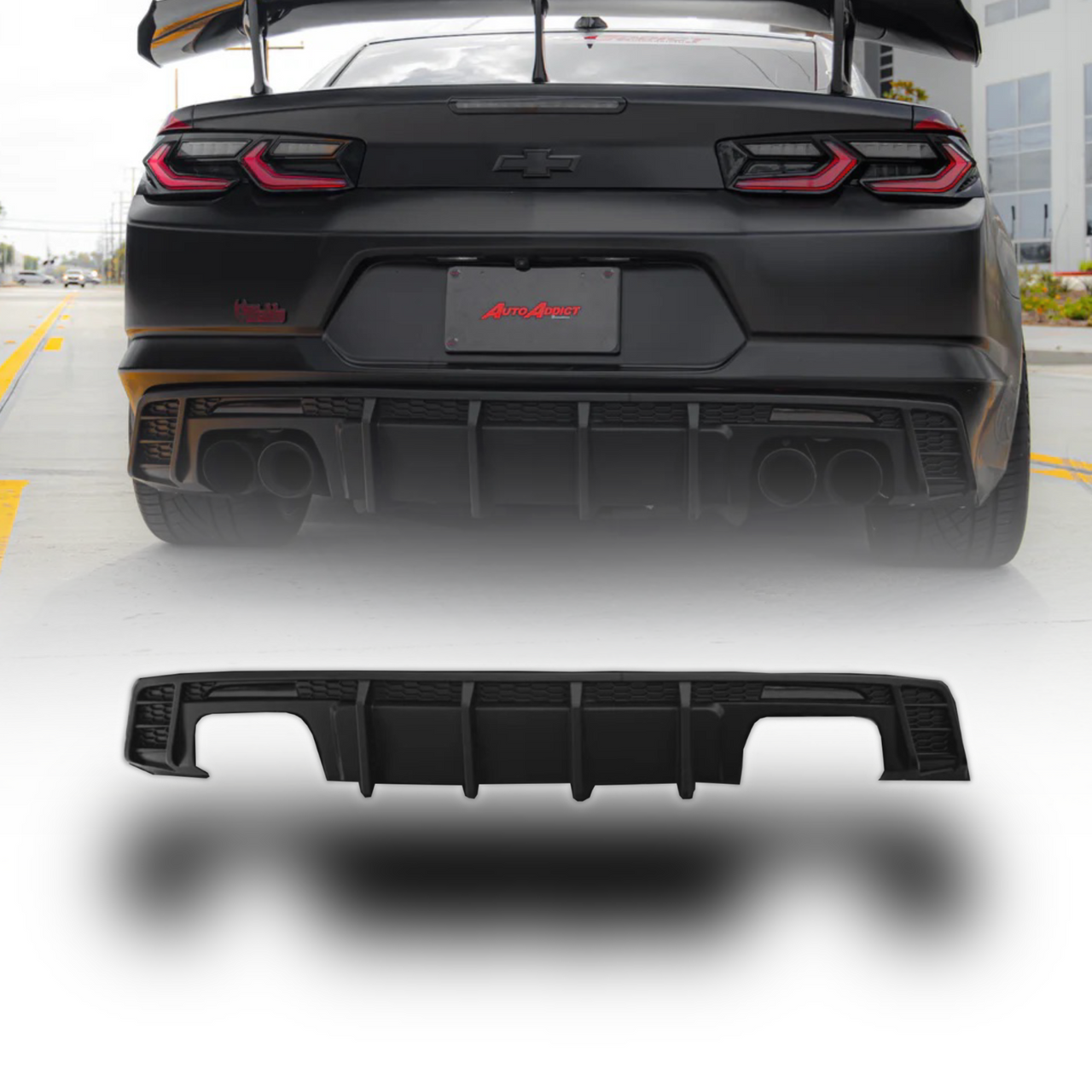 2016-2024 Chevy Camaro Evo Style Shark Fins Rear Diffuser Quad/Single Tips SS/RS/LT & ZL1 w/ Smoke Reflectors