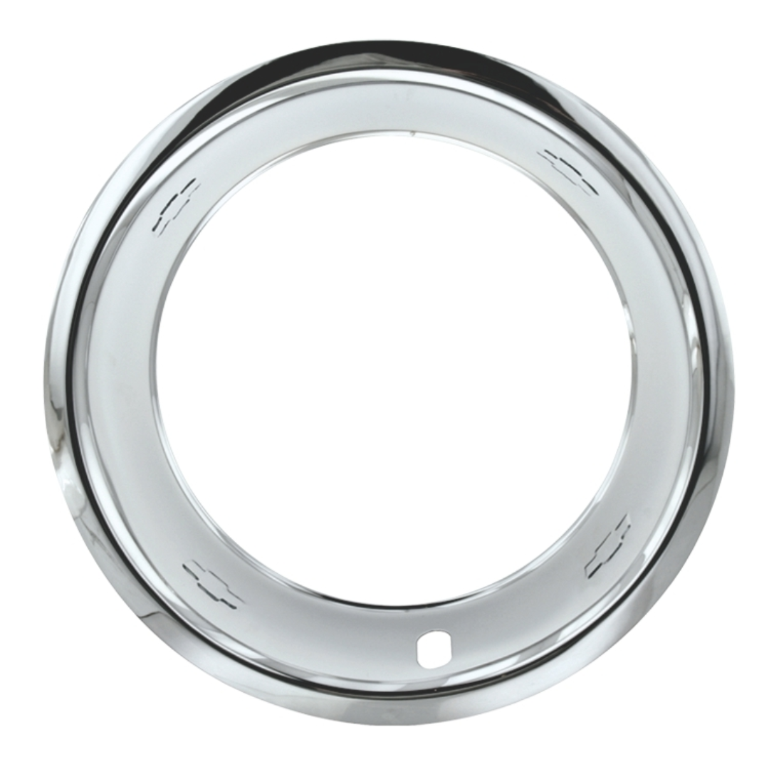 1967-1974 Chevrolet Camaro 15" Deep Dish Triple Chrome Plated Stainless Trim Ring Set 2.75" Wide - With Straight Edge w/ Chevy Bowtie