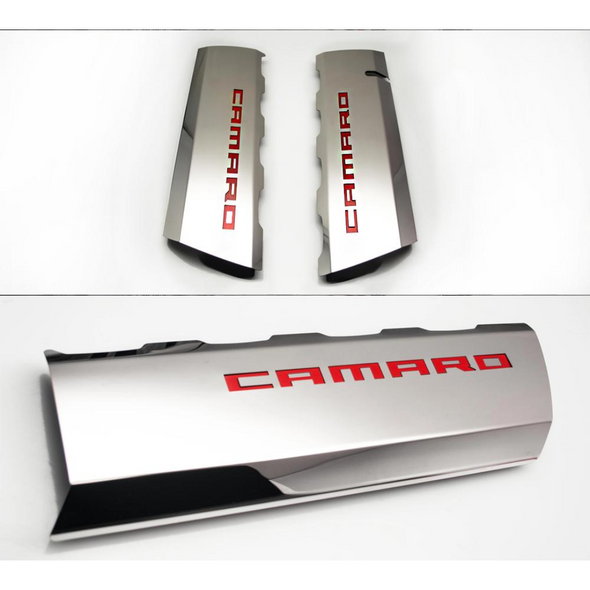 2016-2021 CAMARO SS - FUEL RAIL COVER OVERLAYS W/CAMARO COLOR FONT INLAY 2PC | POLISHED STAINLESS STEEL