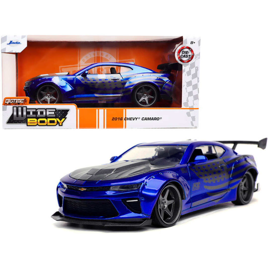 2016 Chevrolet Camaro Widebody Candy Blue American Flag Graphics 1/24 Diecast Model Car by Jada