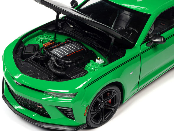 2017 Chevrolet Nickey Camaro SS 1LE Krypton Green with Matte Black Hood and Black Stripes 1/18 Diecast Model Car by Auto World