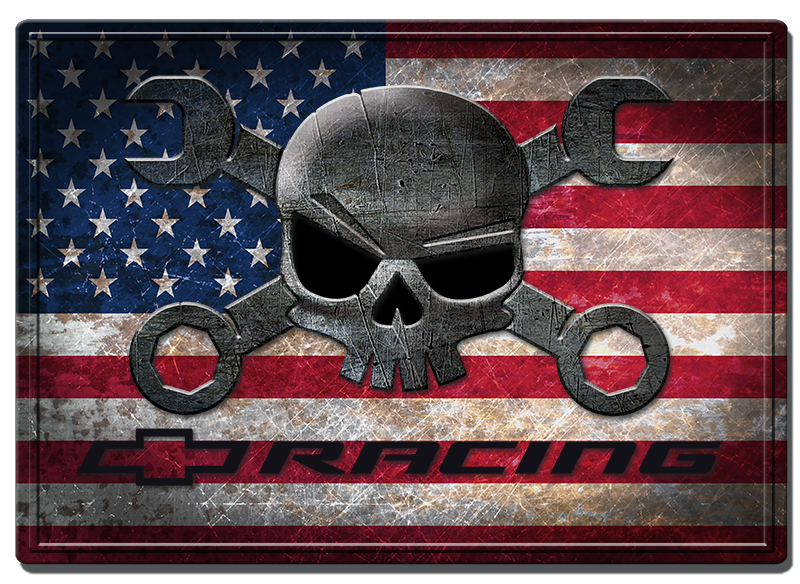 Chevy Racing Mr. Crosswrench American Flag Metal Garage Sign