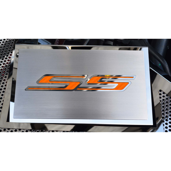 2016-2021 CAMARO SS - FUSE BOX COVER POLISHED W/BRUSHED SS TOP PLATE | STAINLESS STEEL, CHOOSE INLAY COLOR