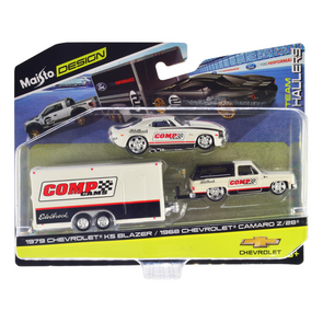 1968 Camaro and 1975 Blazer with Comp Cams Car Trailer 1/64 Diecast Model by Maisto