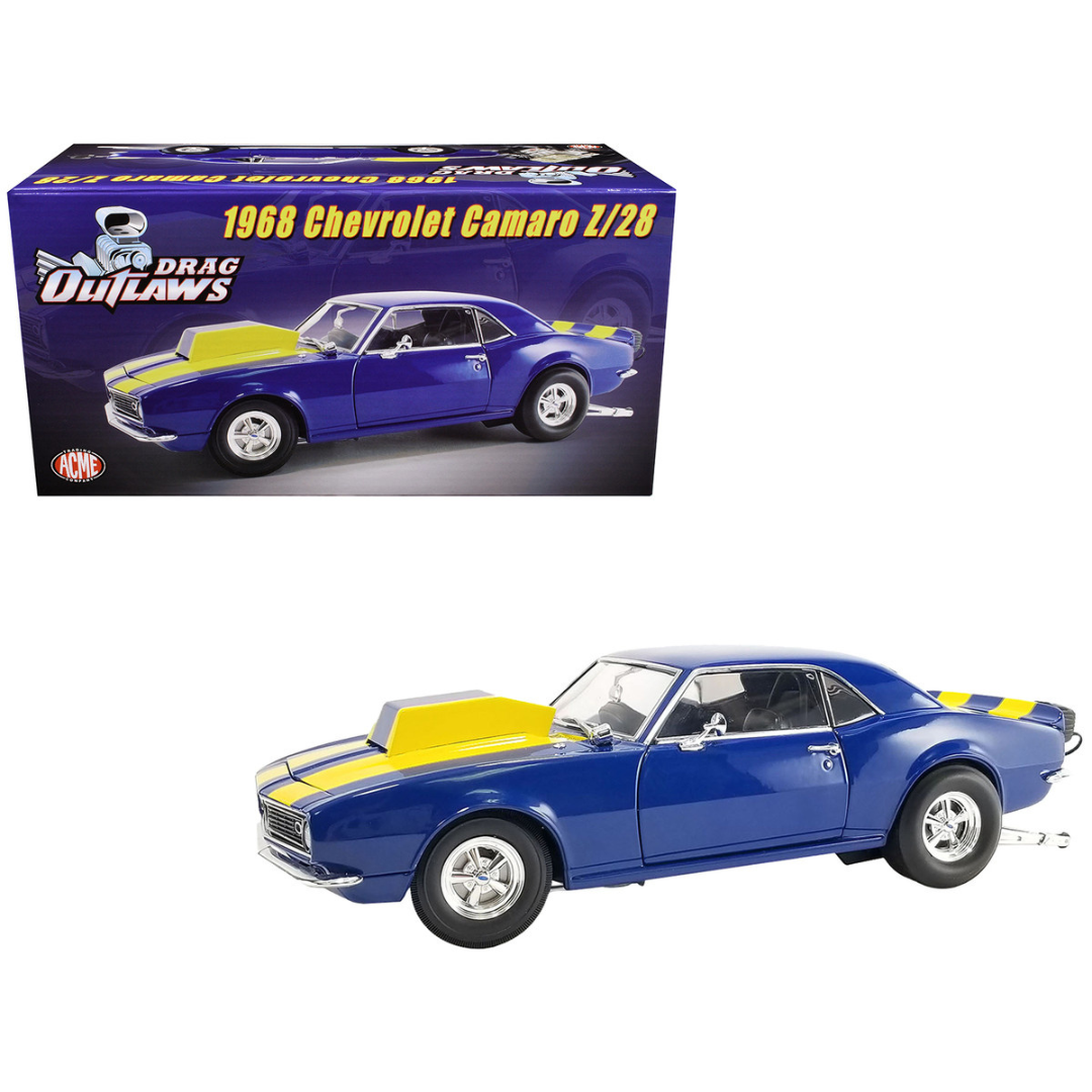 1968 Chevrolet Camaro Z/28 Blue with Yellow Stripes "Drag Outlaws" Limited Edition 1/18 Diecast Model Car