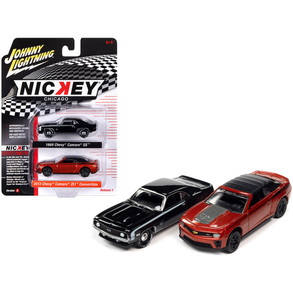 1969 Chevrolet Camaro SS and 2013 Chevrolet Camaro ZL1 Convertible "Nickey Chicago" Set of 2 Cars 1/64 Diecast Model Cars by Johnny Lightning