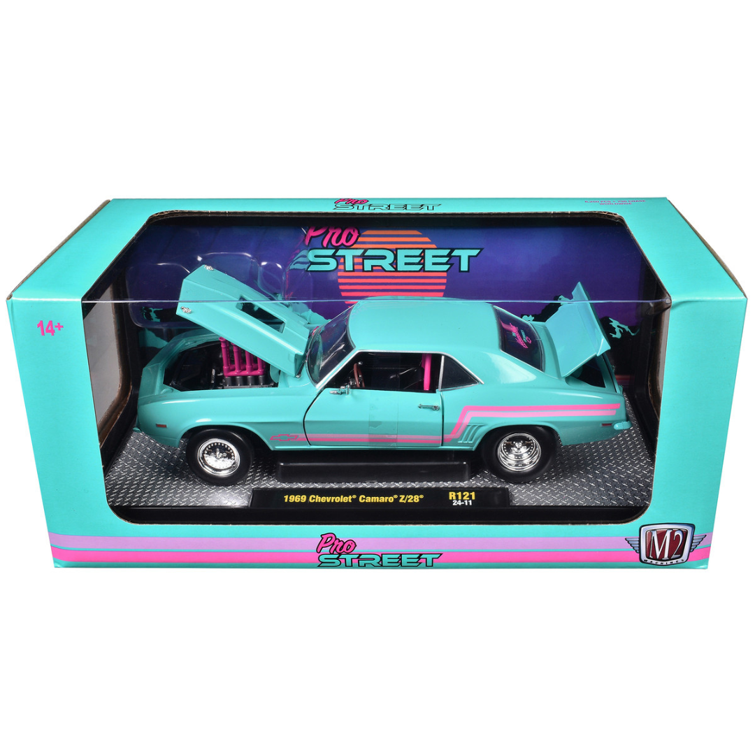 1969 Chevrolet Camaro Z/28 Light Blue with Pink Stripes "Pro Street" Limited Edition to 6250 pieces Worldwide 1/24 Diecast Model Car