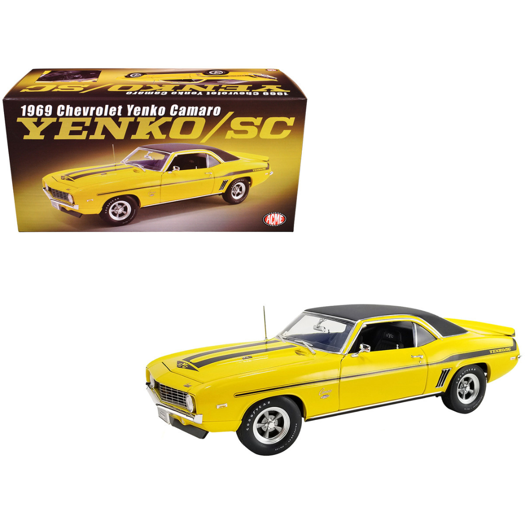 1969 Chevrolet Yenko Camaro Daytona Yellow with Black Stripes and Black Vinyl Top Limited Edition 1/18 Die Cast Model Car