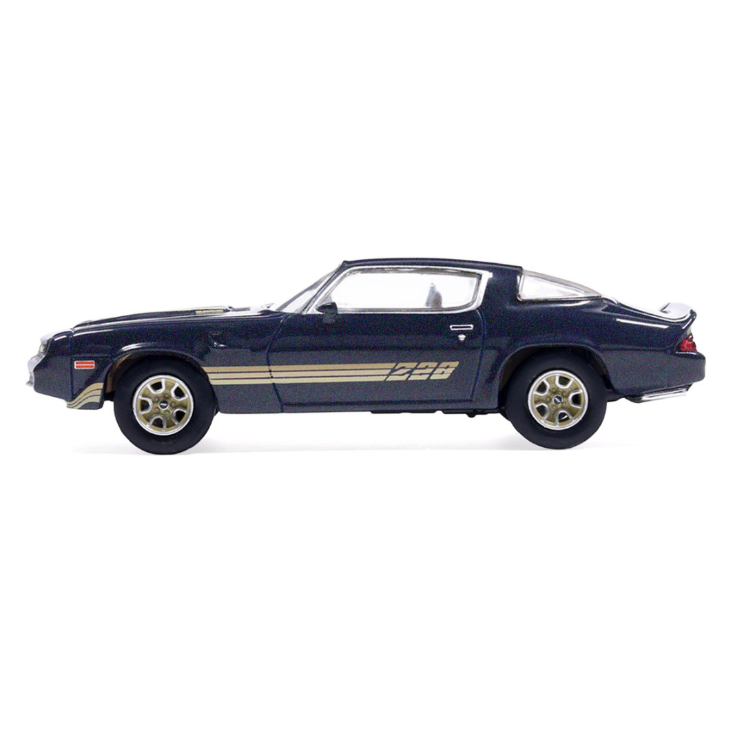 1981 Chevrolet Camaro Z28 Dark Blue Metallic with Gold Stripes and Interior 1/64 Diecast Model Car