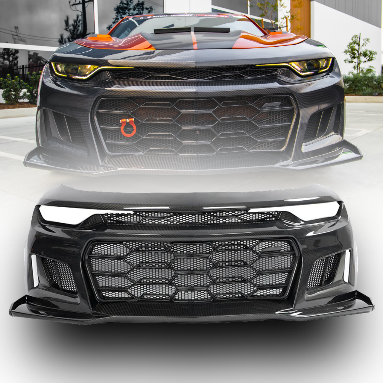 2019-2024 Chevy Camaro SS RS LT Black Panther ZL1 1LE 1PC Full Gloss Carbon Fiber Track Package Front Bumper Conversion for RS Headlights