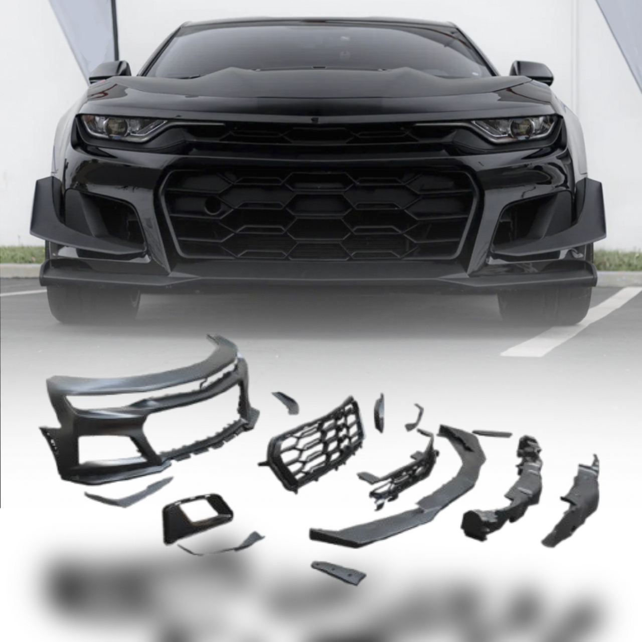 2019-2024 Chevy Camaro ZL1 1LE Track Package Front Bumper Conversion 13pcs Full Kit Flat BLK for RS Headlights