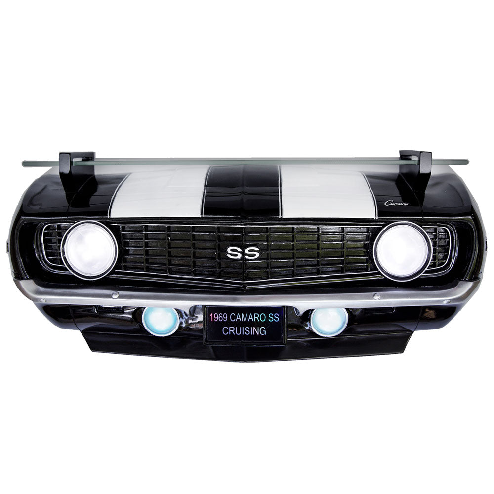 1969 Chevrolet Camaro SS Floating Wall Shelf, Black with White Stripes, 19.5x6x8 inches, Tempered Glass, Battery Powered LED Headlights