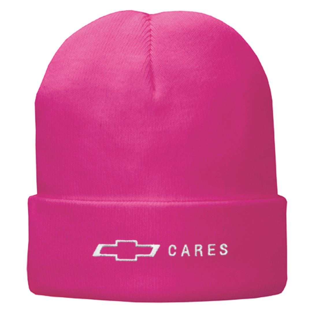 Pink Chevy Cares fleece-lined knit cap with the logo across the cuff