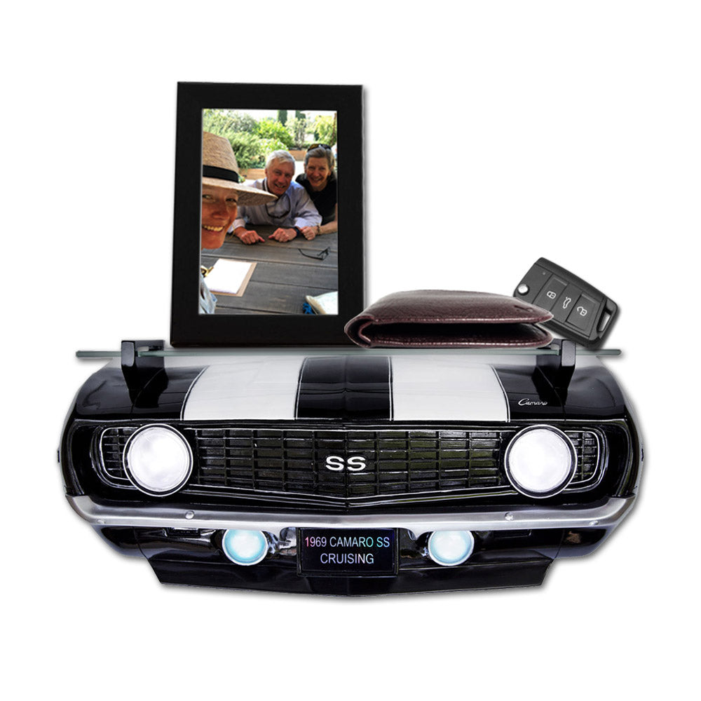 1969 Chevrolet Camaro SS Floating Wall Shelf, Black with White Stripes, 19.5x6x8 inches, Tempered Glass, Battery Powered LED Headlights