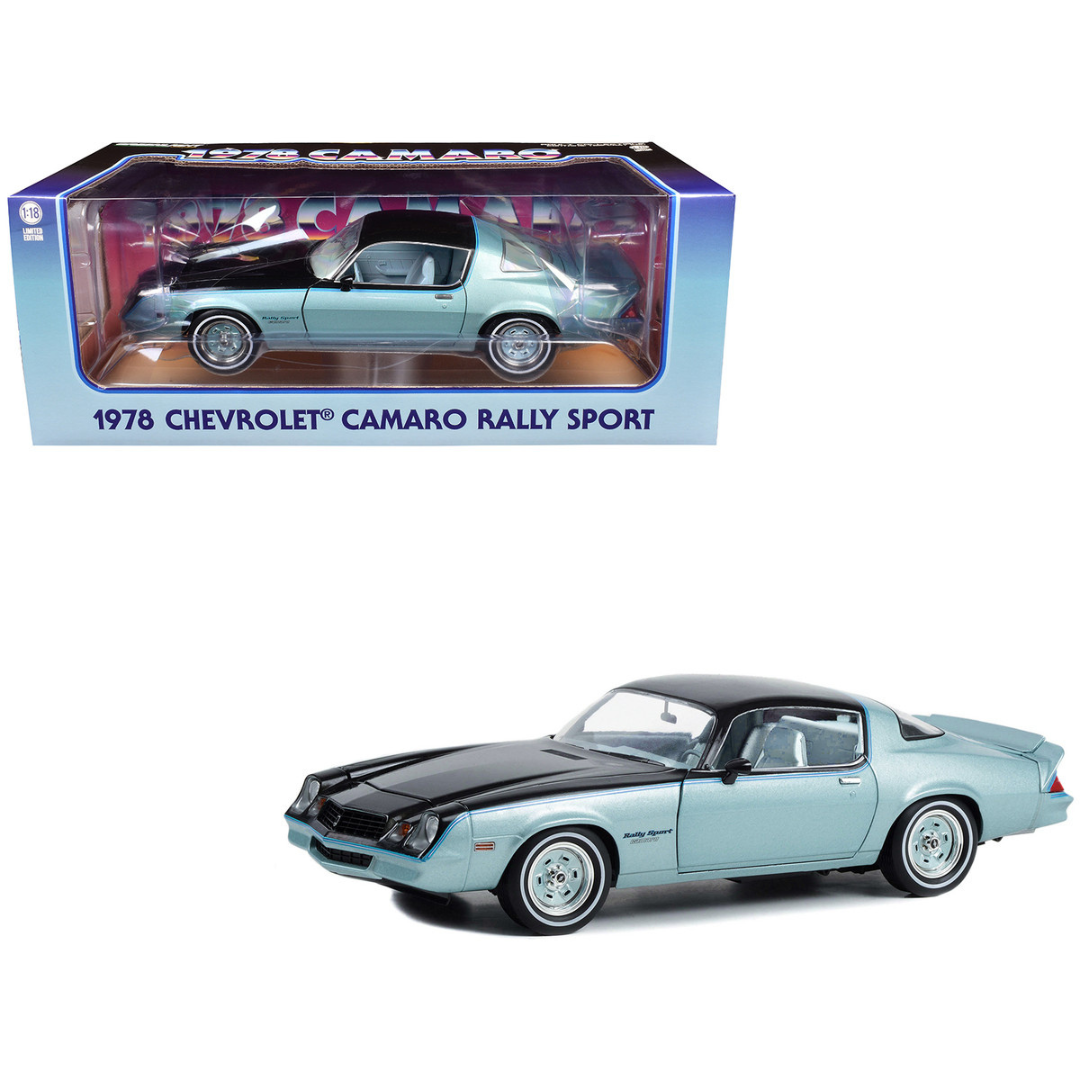 1978 Chevrolet Camaro Rally Sport Light Blue Metallic and Black with Blue Interior 1/18 Diecast Model Car