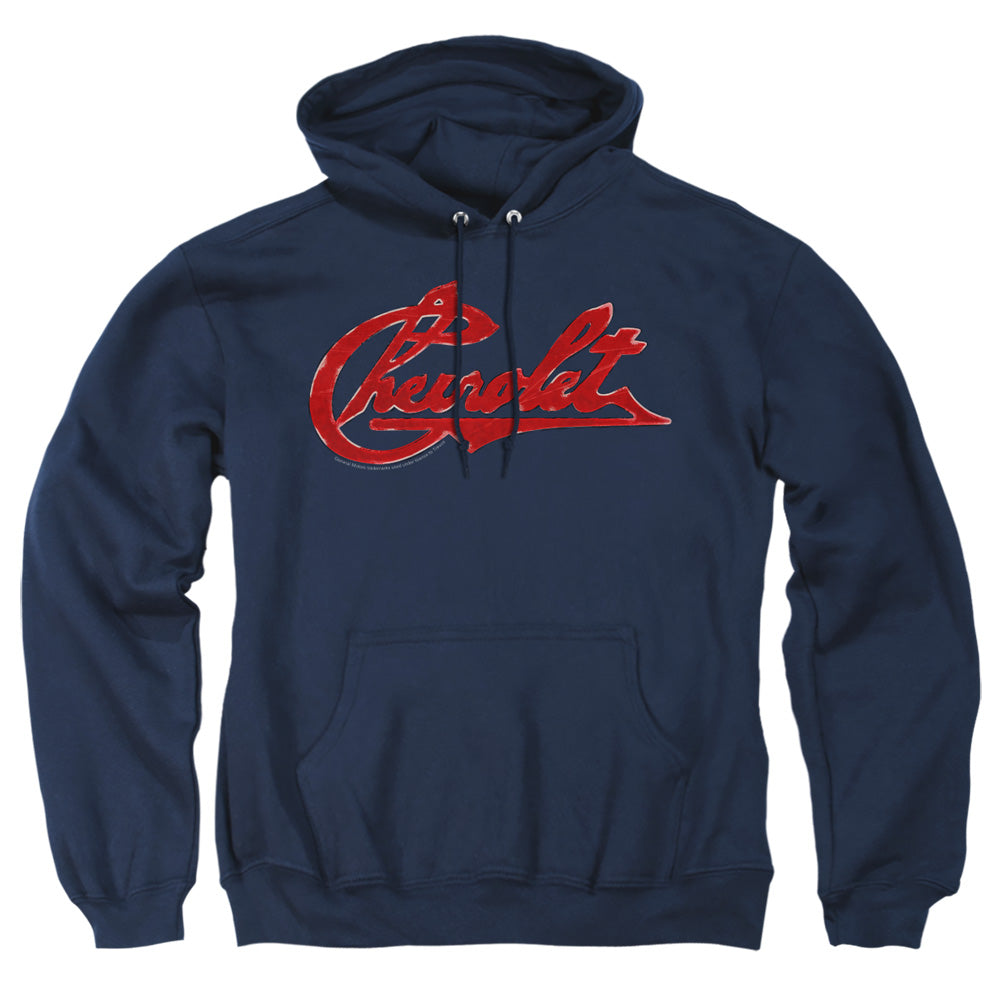 Chevrolet Script Distressed-Adult Pullover Hoodie-Navy