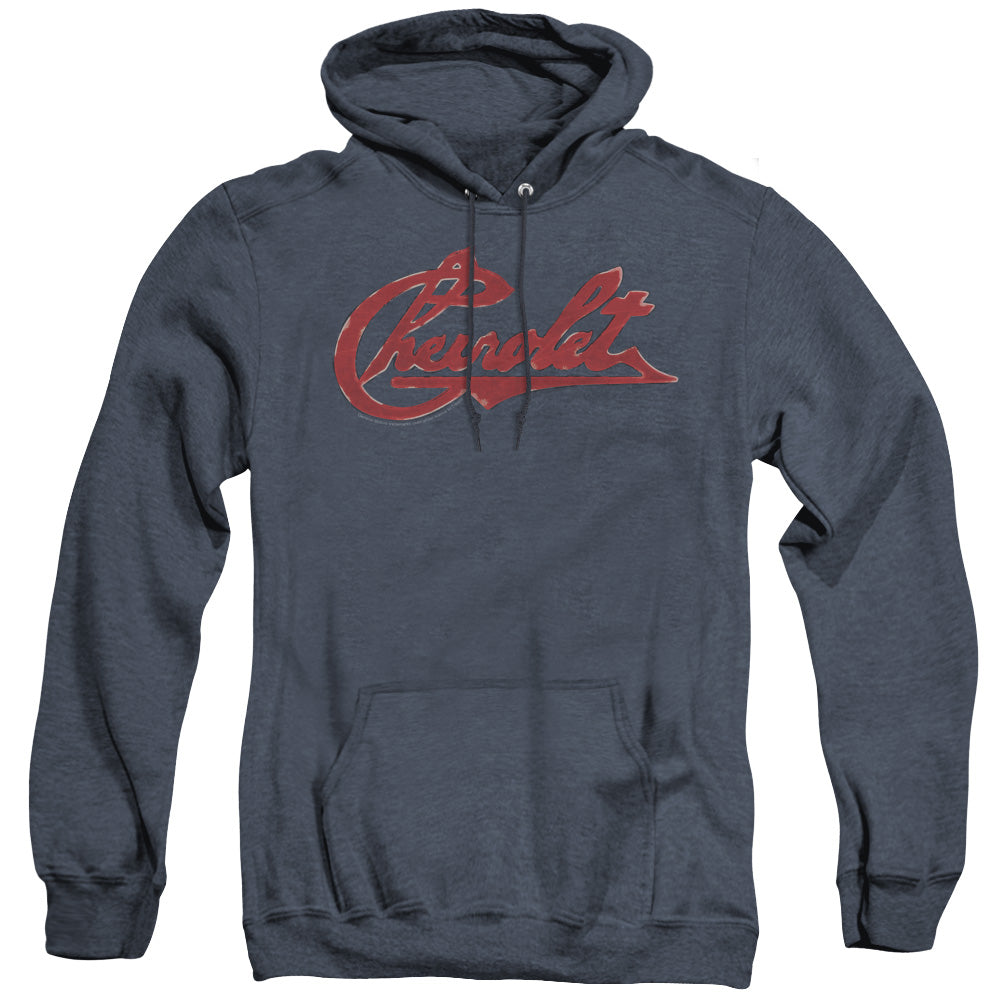 Chevrolet Script Distressed-Adult Heather Hoodie-Navy