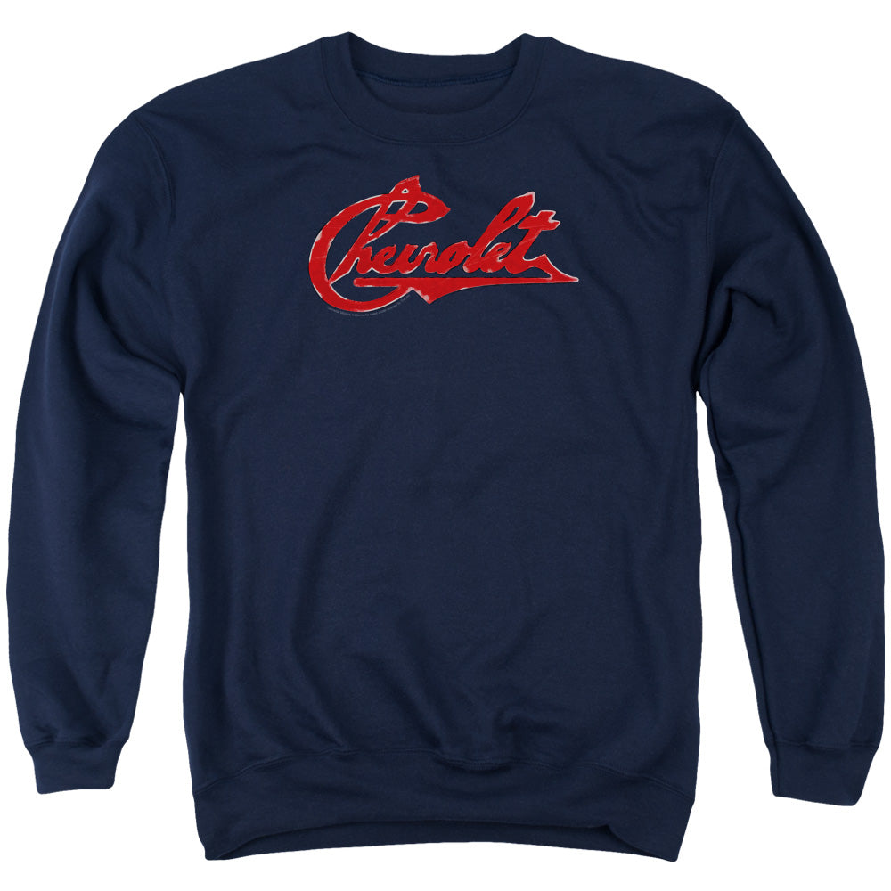 Chevrolet Script Distressed-Adult Crewneck Sweatshirt-Navy