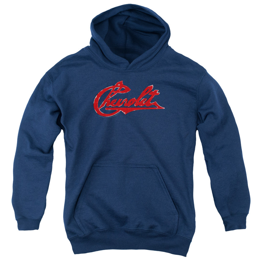 Chevrolet Script Distressed-Youth Hooded Sweatshirt-Navy