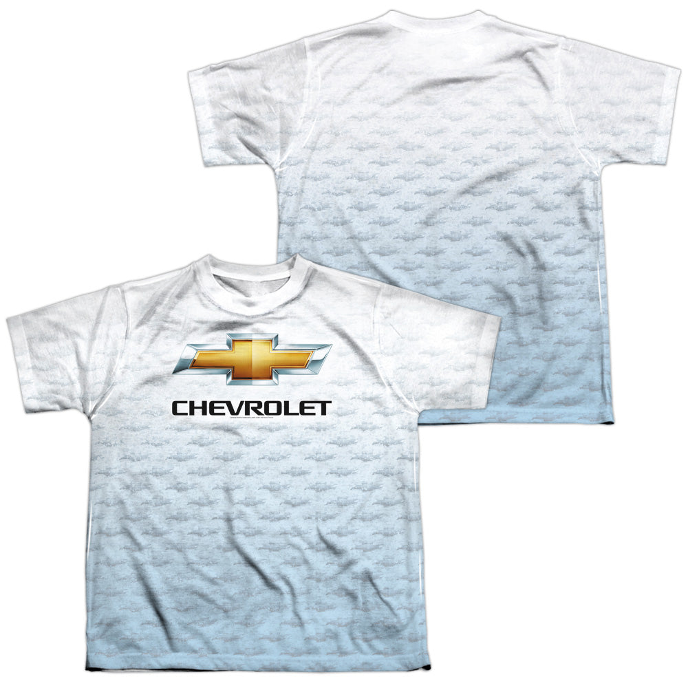 Chevrolet Logo Repeat (Front/Back Print)-Youth Short Sleeve 100% Poly-White