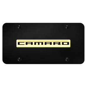 Camaro Script License Plate - Gold on Black