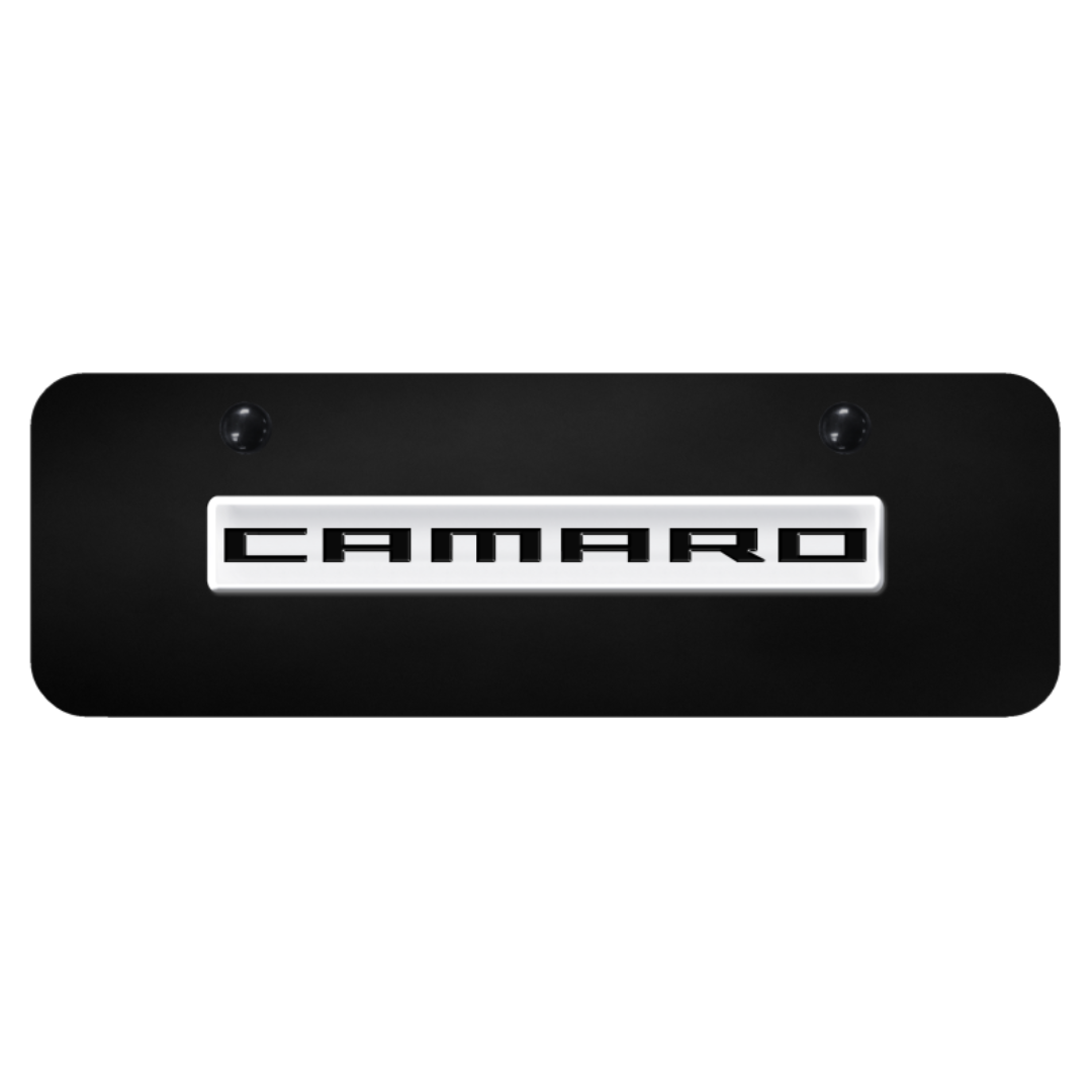 camaro-script-mini-license-plate-chrome-on-black