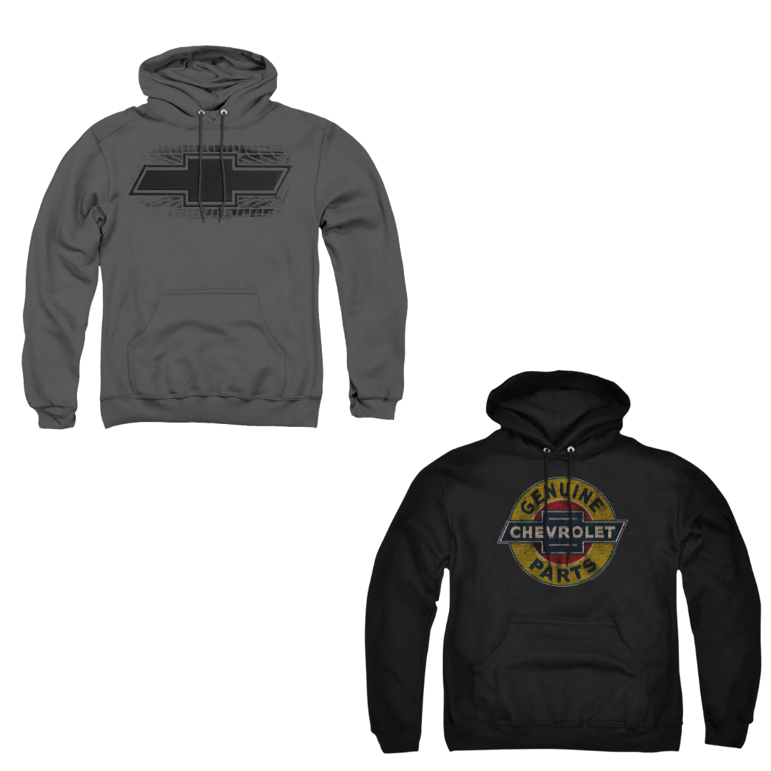 Chevrolet Hoodie Bundle – Bowtie Burnout Charcoal Hoodie + Genuine Chevy Parts Distressed Hoodie (Black)