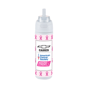 Chevy Cares 28 oz flip straw bottle in light pink with ribbon pattern