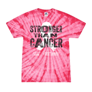 Chevy Cares Stronger Than Cancer pink cyclone tie-dye t-shirt with white awareness ribbon