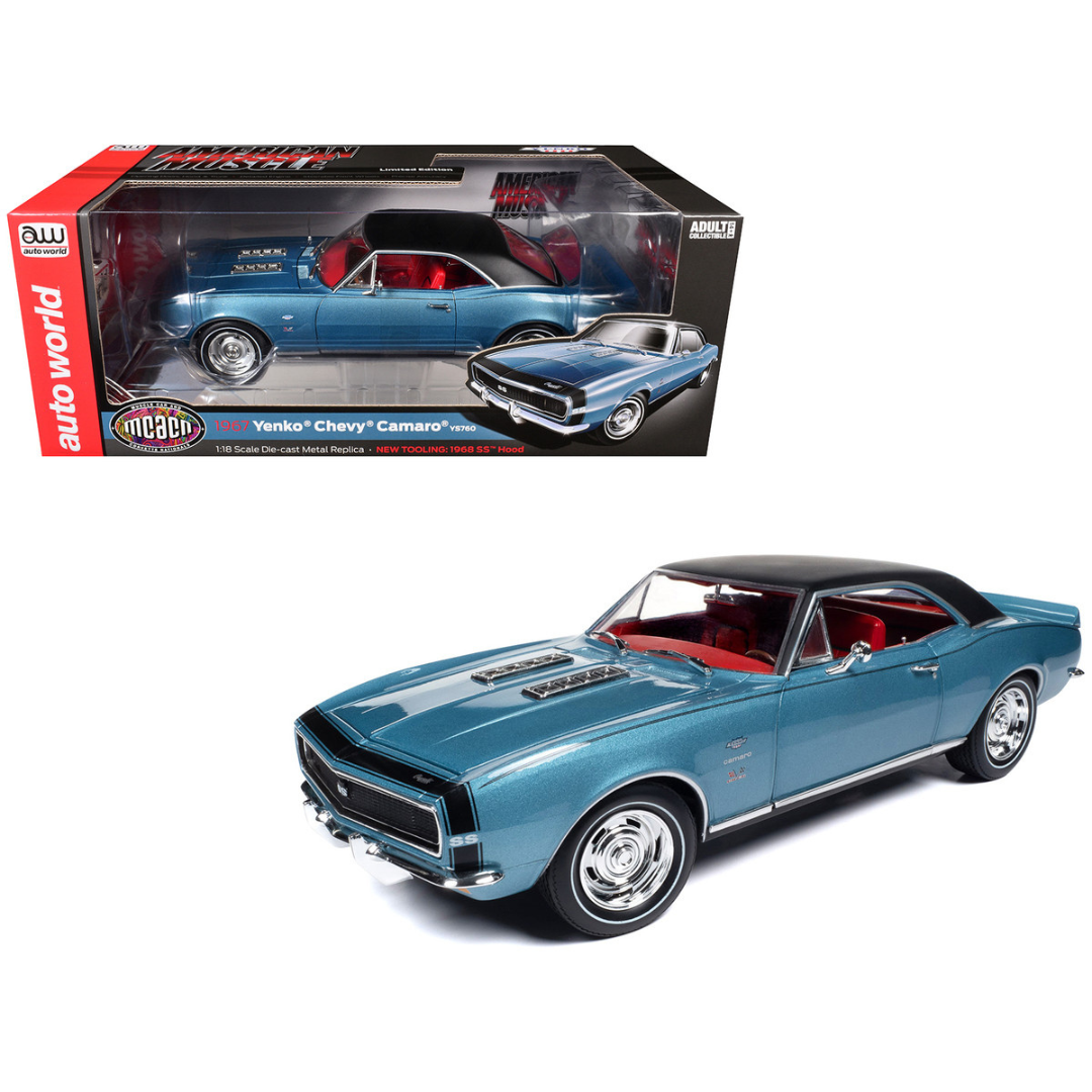 1967 Chevrolet Yenko Camaro YS760 Nantucket Blue Metallic with Black Stripes, Black Vinyl Top, and Red Interior "Muscle Car & Corvette Nationals" (MCACN) "American Muscle" Series 1/18 Diecast Model Car
