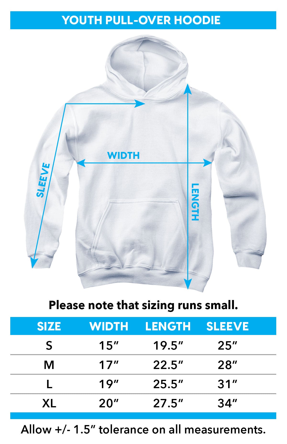 Youth pullover hoodie size chart