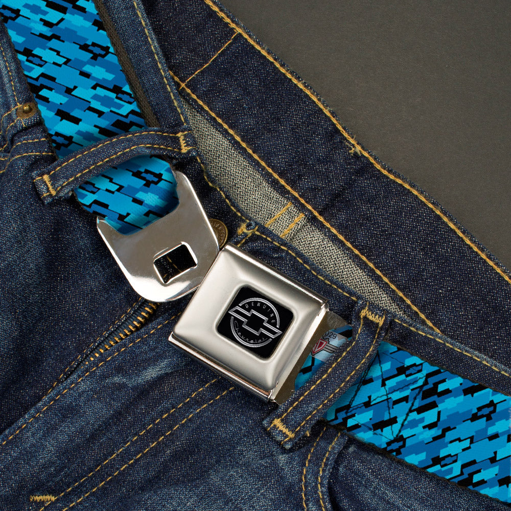 Retro Diagonal Chevy Bowtie Black & Blue Webbing Seatbelt Belt