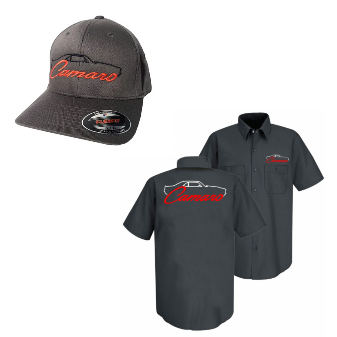 Camaro 1st Generation Hat and Mechanic Shirt Bundle