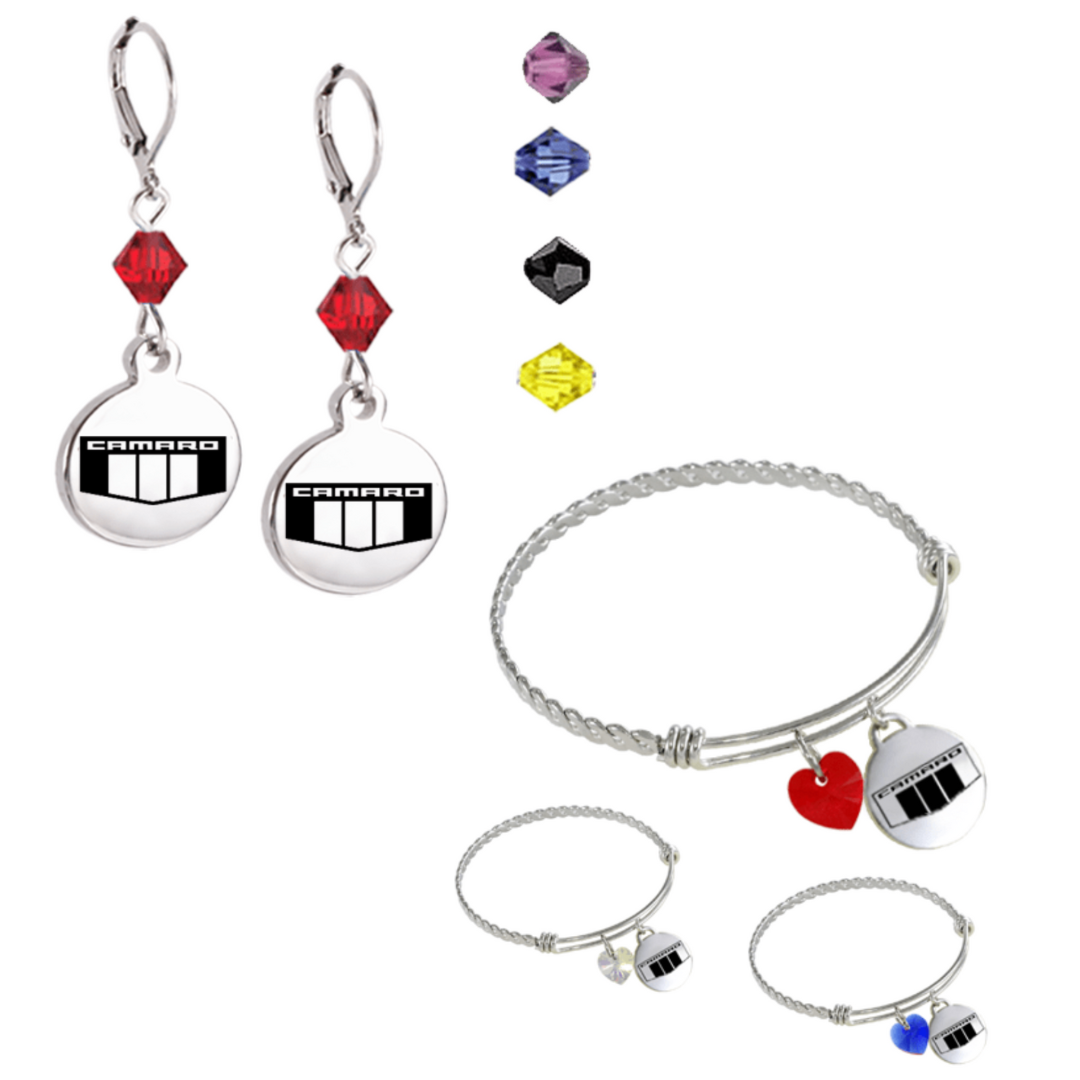 Camaro Emblem Crystal Leverback Earrings & Twisted Wire Charm Bracelet Bundle