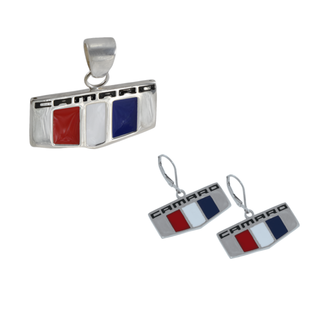 Camaro Sterling Silver Badge Pendant & Earrings Bundle