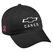 Black Chevy Cares cap with embroidered pink breast cancer awareness ribbon