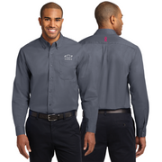 Men's steel grey Chevy Cares breast cancer awareness easy care shirt