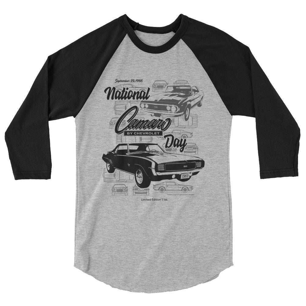 National Chevy Camaro Day Unisex Heritage Raglan Tee, Limited Collector's Edition, Only 66 To Be Made, Grey And Black