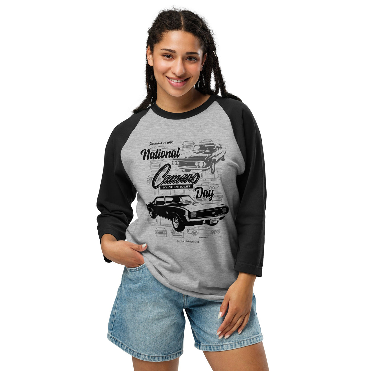 National Chevy Camaro Day Unisex Heritage Raglan Tee, Limited Collector's Edition, Only 66 To Be Made, Grey And Black