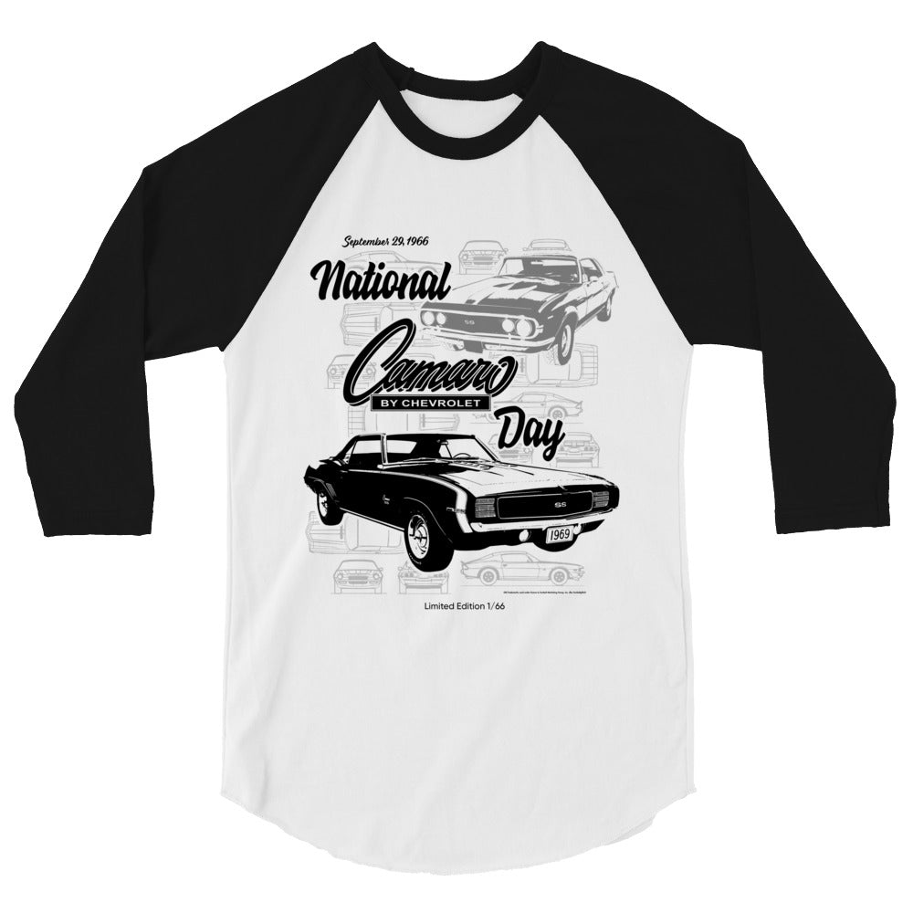 National Chevy Camaro Day Unisex Heritage Raglan Tee, Limited Collector's Edition, Only 66 To Be Made, White And Black