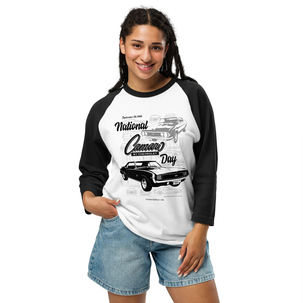 National Chevy Camaro Day Unisex Heritage Raglan Tee, Limited Collector's Edition, Only 66 To Be Made, White And Black