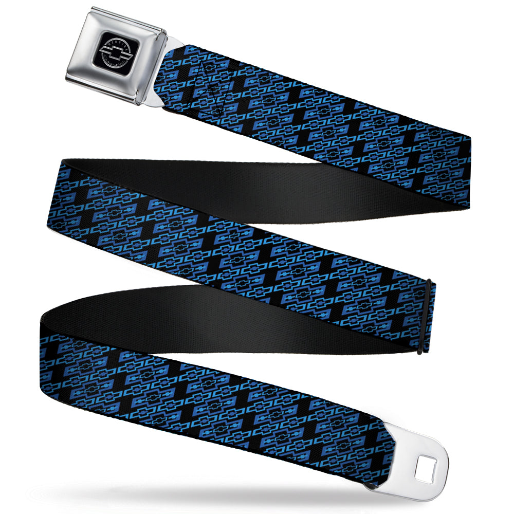 Retro Chevy Bowtie Diagonal Monogram Seatbelt Belt - Black & Blue Webbing