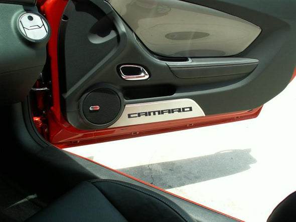 2010-2015 5th Gen Camaro Door Panel Kick Plates 'CAMARO' 2Pc | Brushed Stainless Steel