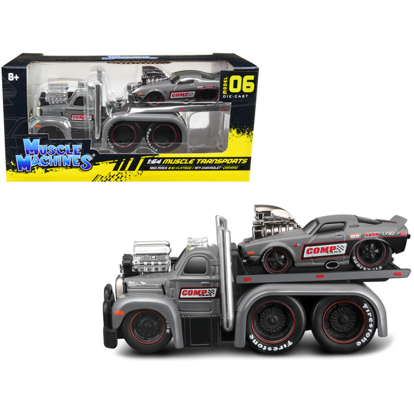 1953 Mack B-61 Flatbed Truck and 1971 Chevrolet Camaro Gray "Comp Cams" "Muscle Transports" Series 1/64 Diecast Model Cars by Muscle Machines