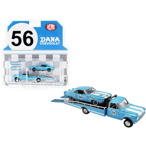 1967 Chevrolet C-30 Ramp Truck with 1967 Chevrolet Trans Am Camaro #56 "Dana" Light Blue Metallic "ACME Exclusive" 1/64 Diecast Model Cars by Greenlight for ACME