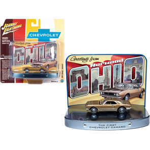 1967 Chevrolet Camaro Gold with Gold Interior with Collectible Tin Display "The First Chevrolet Camaro" "Greetings from Norwood - Birth Place of the Camaro" 1:64 Diecast Model Car by Johnny Lightning