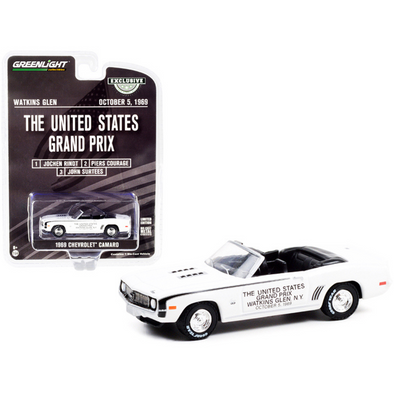 1969 Chevrolet Camaro Convertible Pace Car White with Black Stripes The United States Grand Prix Watkins Glen (New York) October 5 (1969) "Hobby Exclusive" 1/64 Diecast Model Car by Greenlight