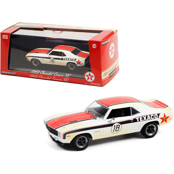 1969 Chevrolet Camaro RS #18 "Texaco" White with Black and Orange Stripes (Weathered) 1/43 Diecast Model Car by Greenlight