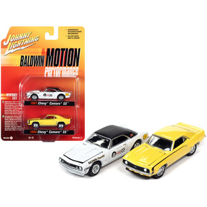 1969-chevrolet-camaro-ss-yellow-and-1967-chevrolet-camaro-ss-white-baldwin-motion-performance-set-of-2-pieces-1-64-diecast-model-cars-by-johnny-lightning